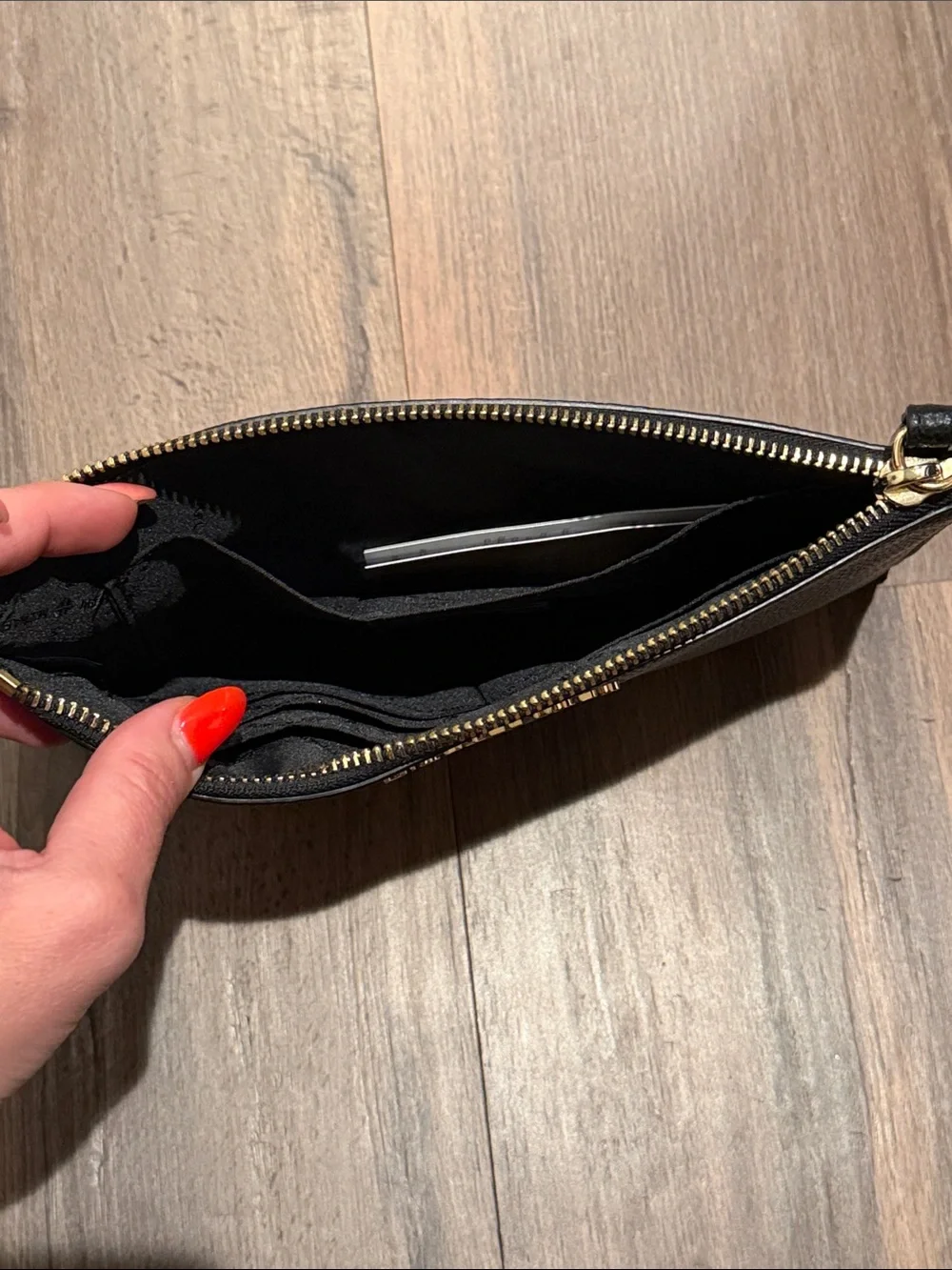 Michael Kors Black Pebble Leather Wristlet Pouch with Gold Logo